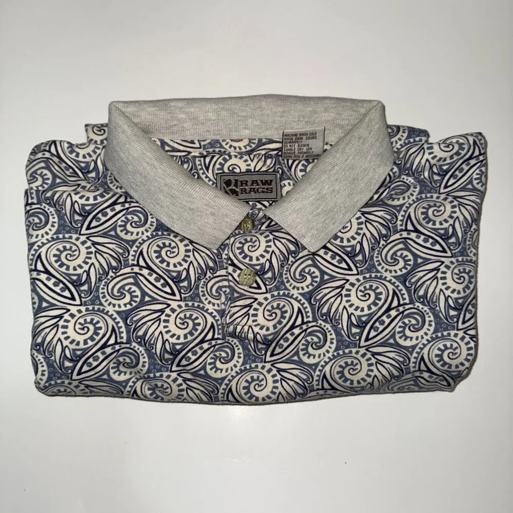 Raw Rags Vintage Men's Short Sleeve Polo Blue Geometric Pattern Size‎ XL